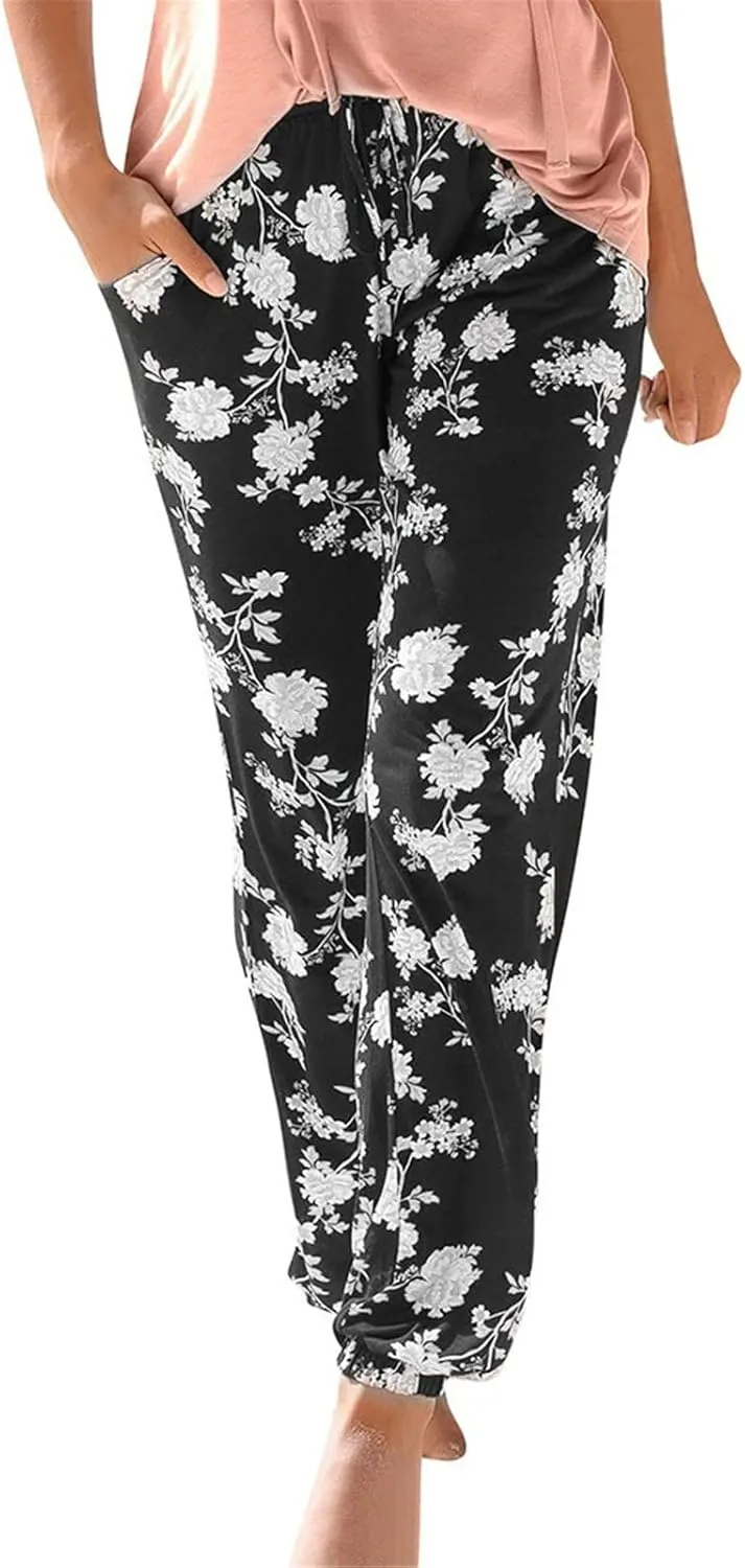 Women's Boho Hippie Harem Pants Smocked Waist Floral Print Beach Pants Comfy Lightweight Breathable Vacation Trousers