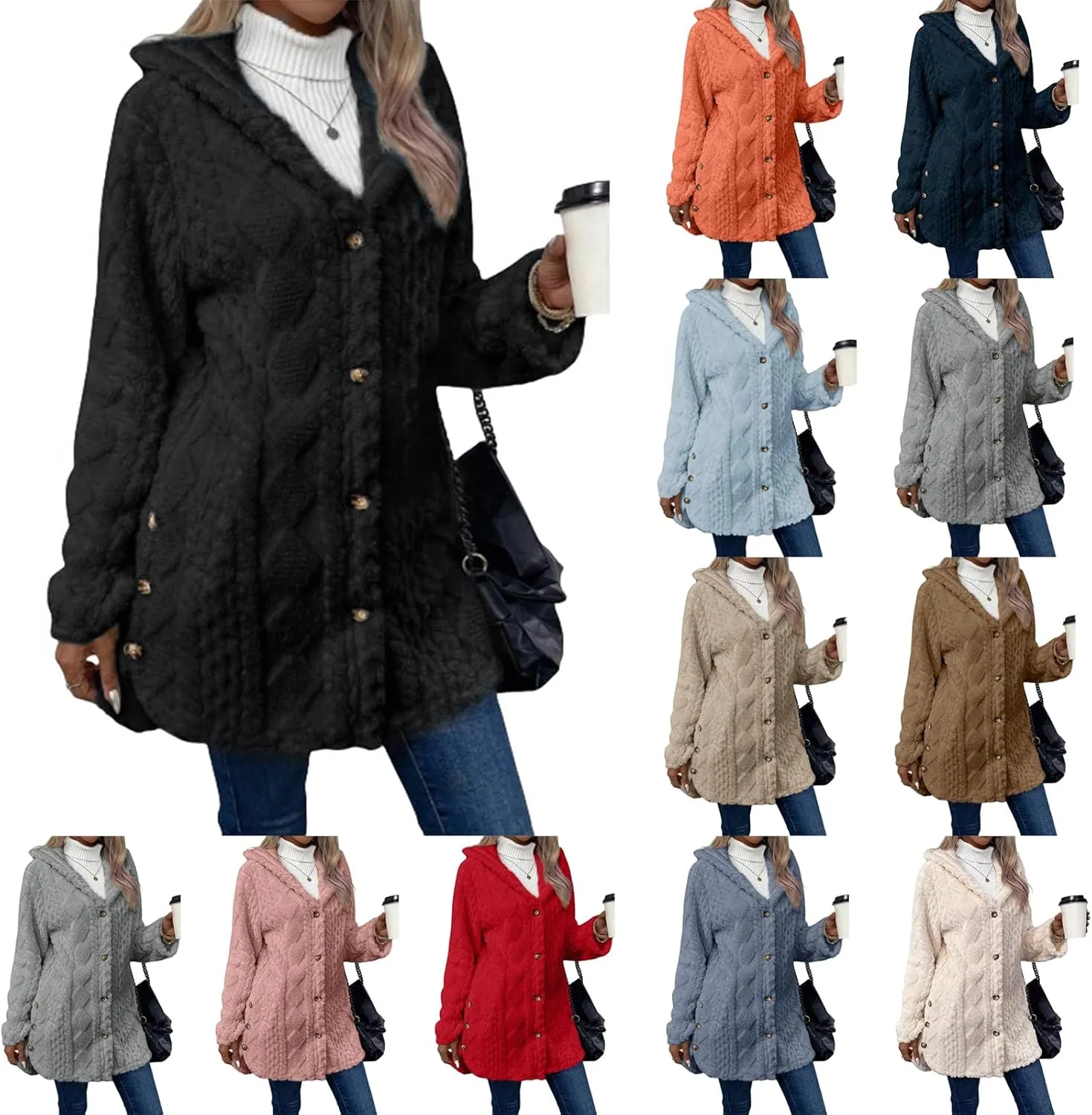 Womens Chunky Cable Knit Sweaters 2024 Long Sleeve Open Front Cardigans Casual Long Sleeve Hooded Jacket Outerwear