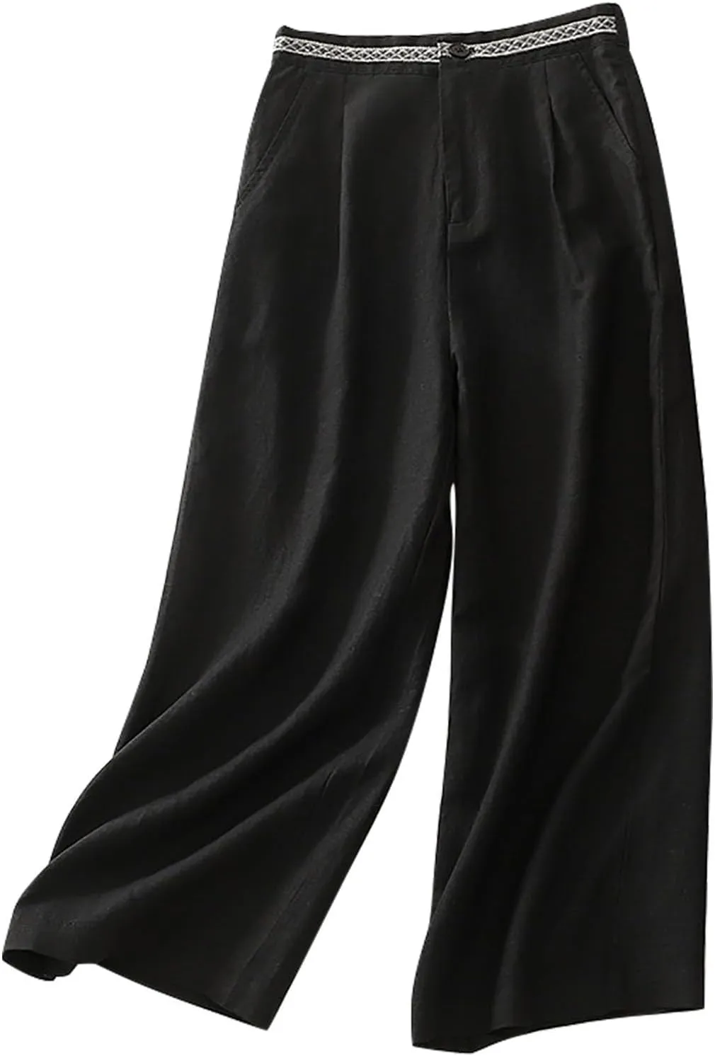 Women's Cotton Linen Solid Casual Trouser Button Elastic Waist Wide Leg Loose Flowy Pants Summer Lightweight Pant