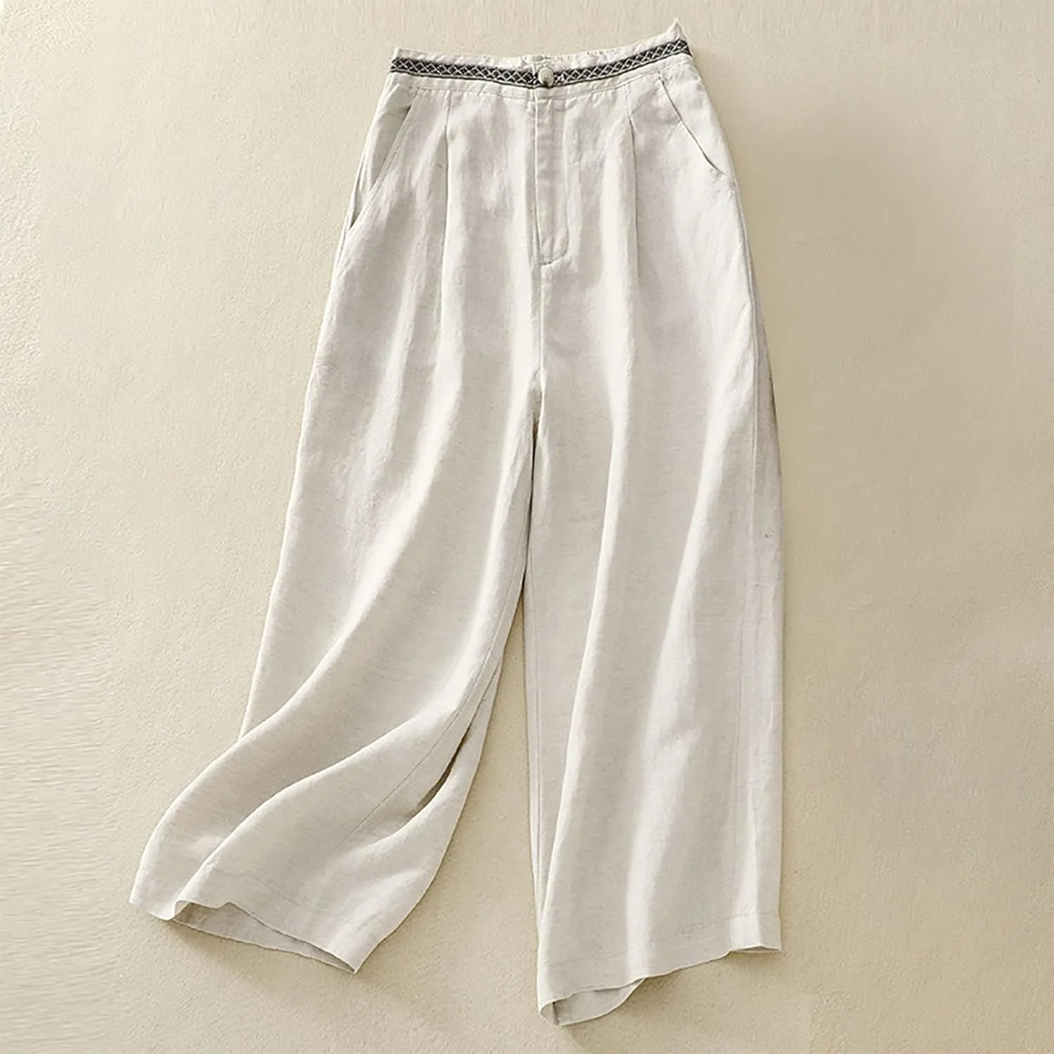 Women's Cotton Linen Solid Casual Trouser Button Elastic Waist Wide Leg Loose Flowy Pants Summer Lightweight Pant