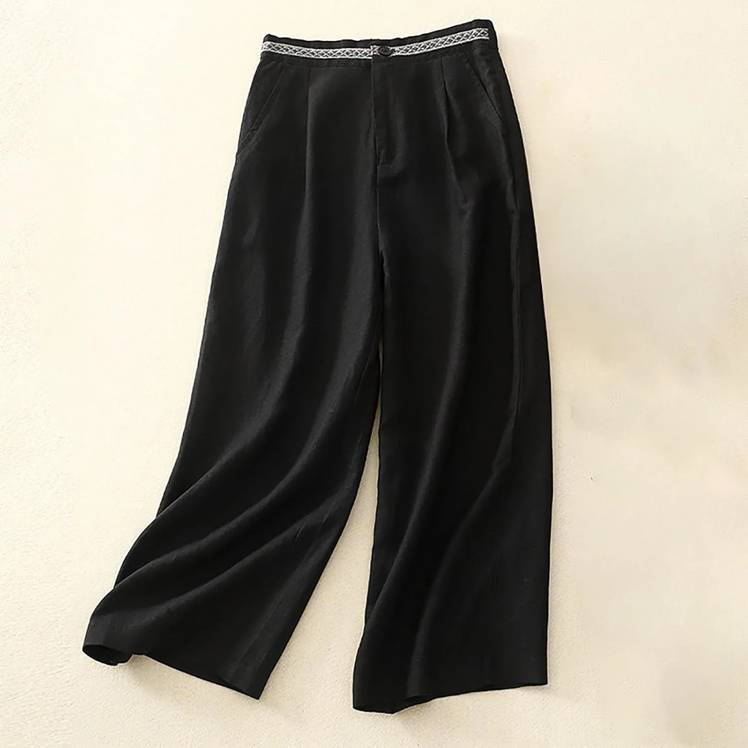 Women's Cotton Linen Solid Casual Trouser Button Elastic Waist Wide Leg Loose Flowy Pants Summer Lightweight Pant