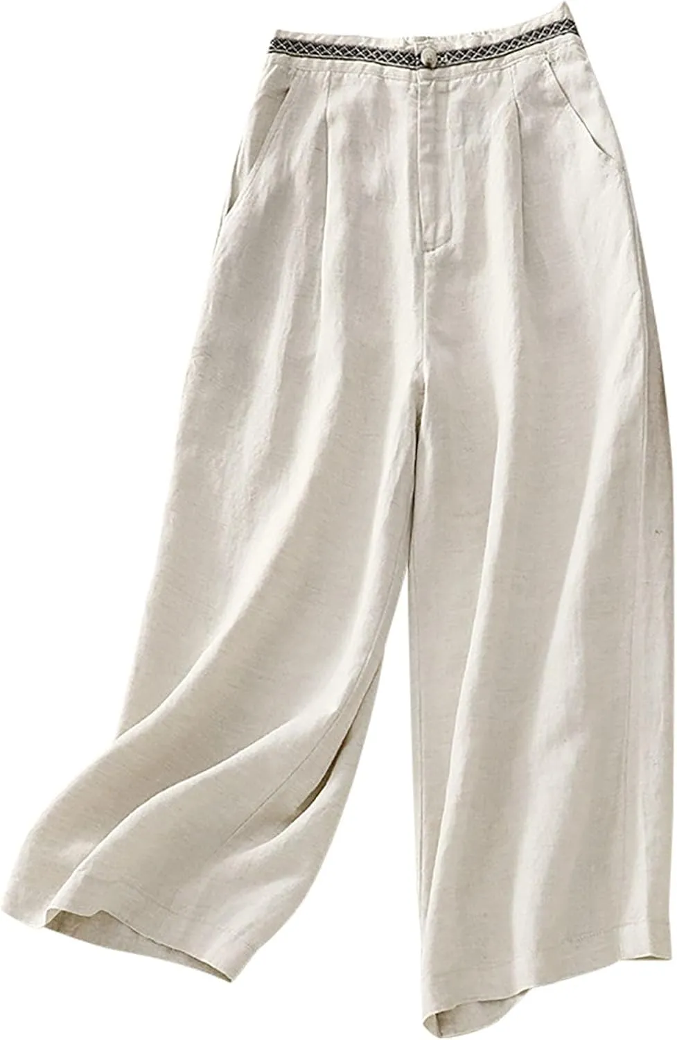 Women's Cotton Linen Solid Casual Trouser Button Elastic Waist Wide Leg Loose Flowy Pants Summer Lightweight Pant