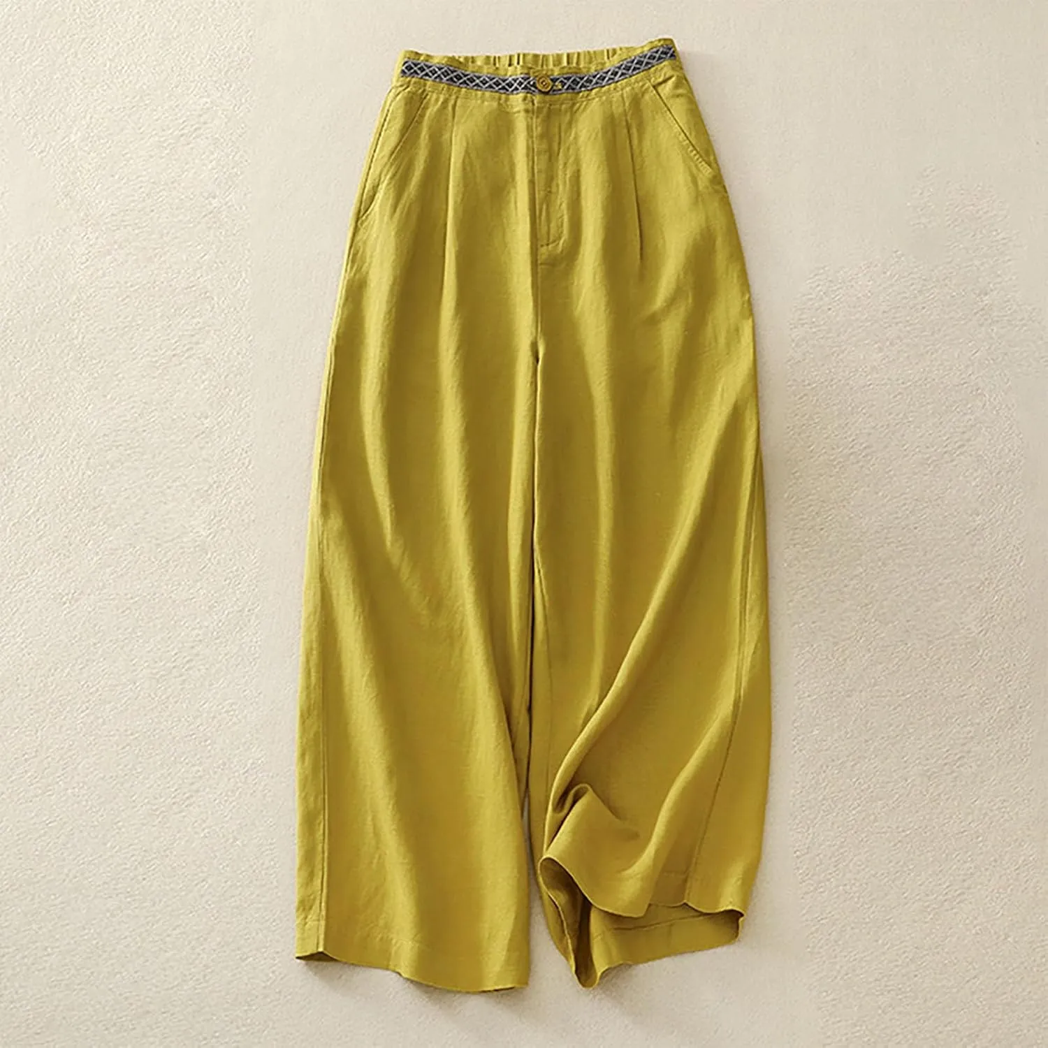 Women's Cotton Linen Solid Casual Trouser Button Elastic Waist Wide Leg Loose Flowy Pants Summer Lightweight Pant
