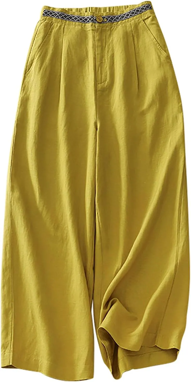Women's Cotton Linen Solid Casual Trouser Button Elastic Waist Wide Leg Loose Flowy Pants Summer Lightweight Pant