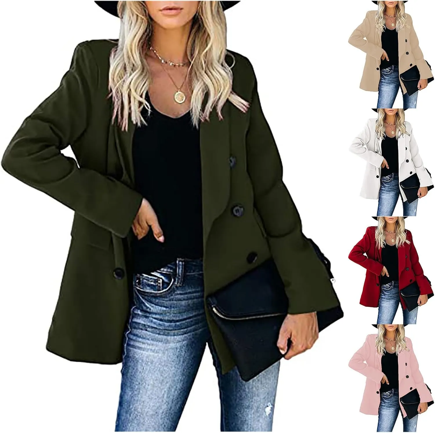 Women's Double Breasted Trench Coat Notch Lapel Work Office Blazers Jacket Open Front Cardigans Wool Blend Coat