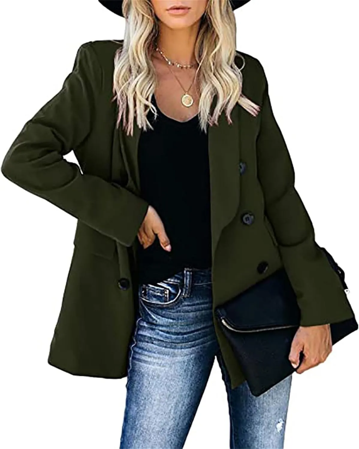Women's Double Breasted Trench Coat Notch Lapel Work Office Blazers Jacket Open Front Cardigans Wool Blend Coat