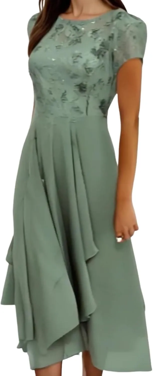 Women's Dresses Floral Print Short Sleeve Round Neck Midi Dress 2025 Summer Elegant Asymmetric Hem Flowy Party Dress