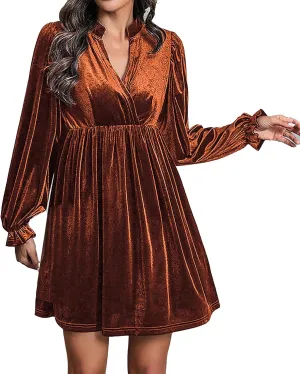 Women's Dresses Velvet Deep V-Neck Long Sleeve Ruffle Mini Swing Sexy Cocktail Shift Dress