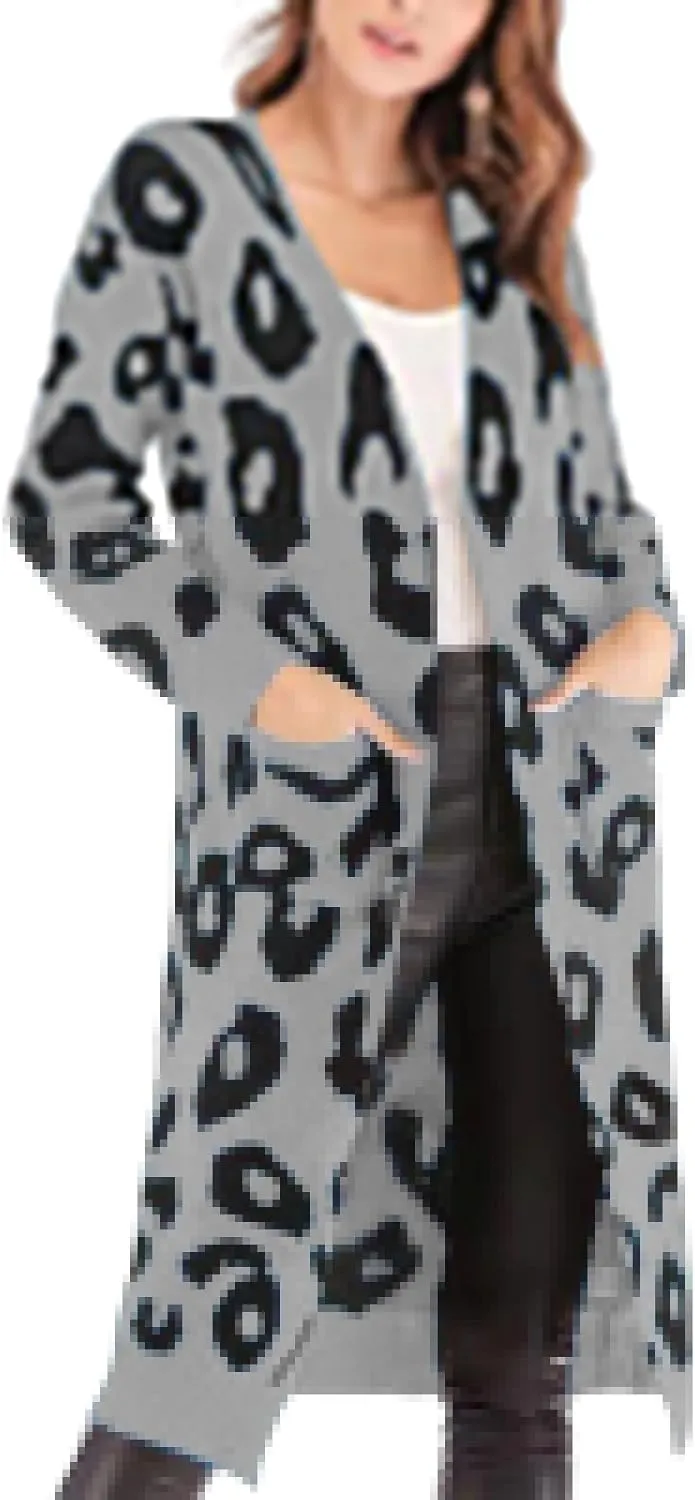 Womens Fall Winter Sweater Cardigans Leopard Print Long Sweater Coiats for Women