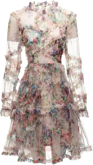 Womens Floral Print Party Dress Crew Neck Long Sleeve Ruffles High Waist Mesh Mini Dresses