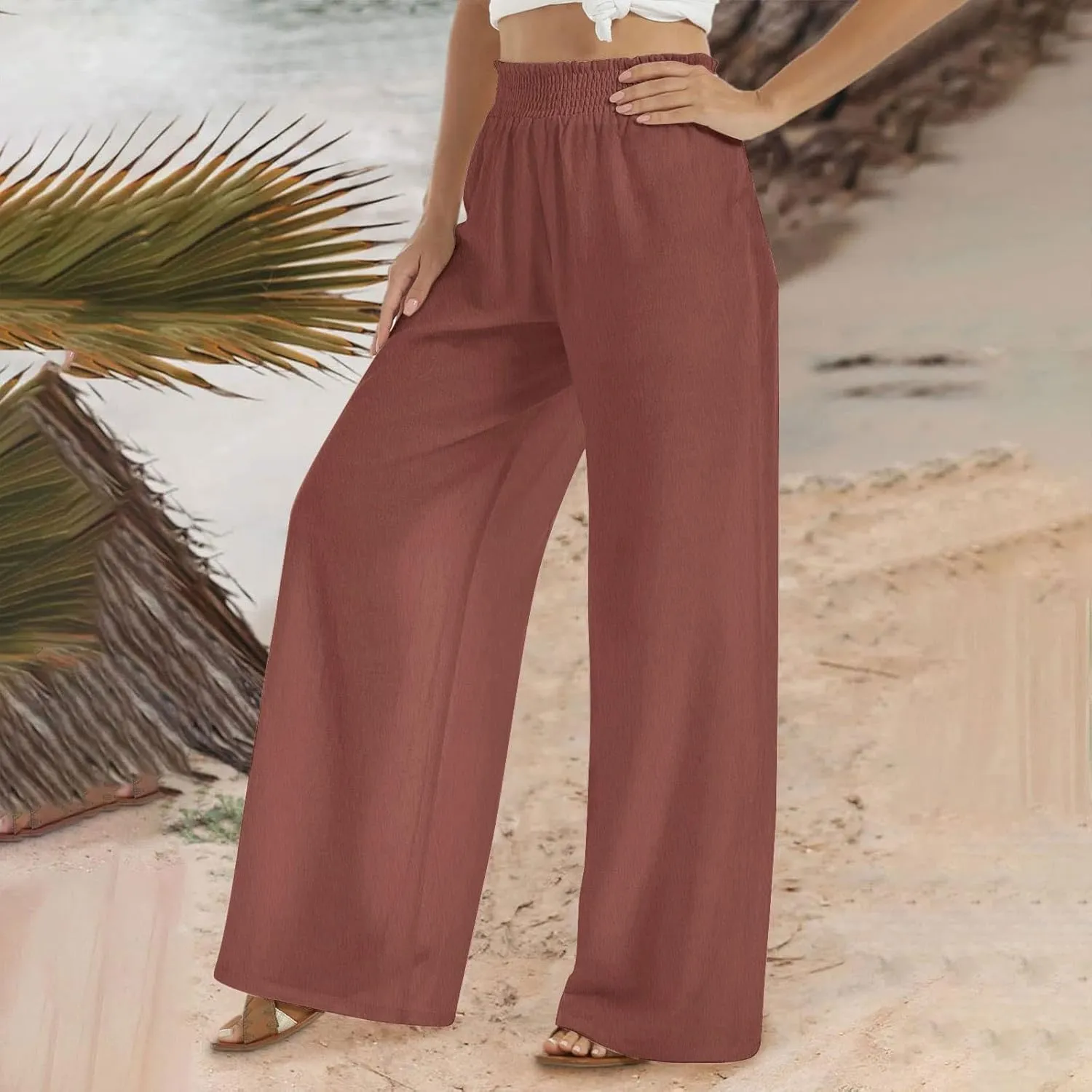 Women's Flowy Wide Leg Boho Yoga Pants, High Elastic Waist Baggy Solid Casual Trouser, Summer Fashion Work Pant