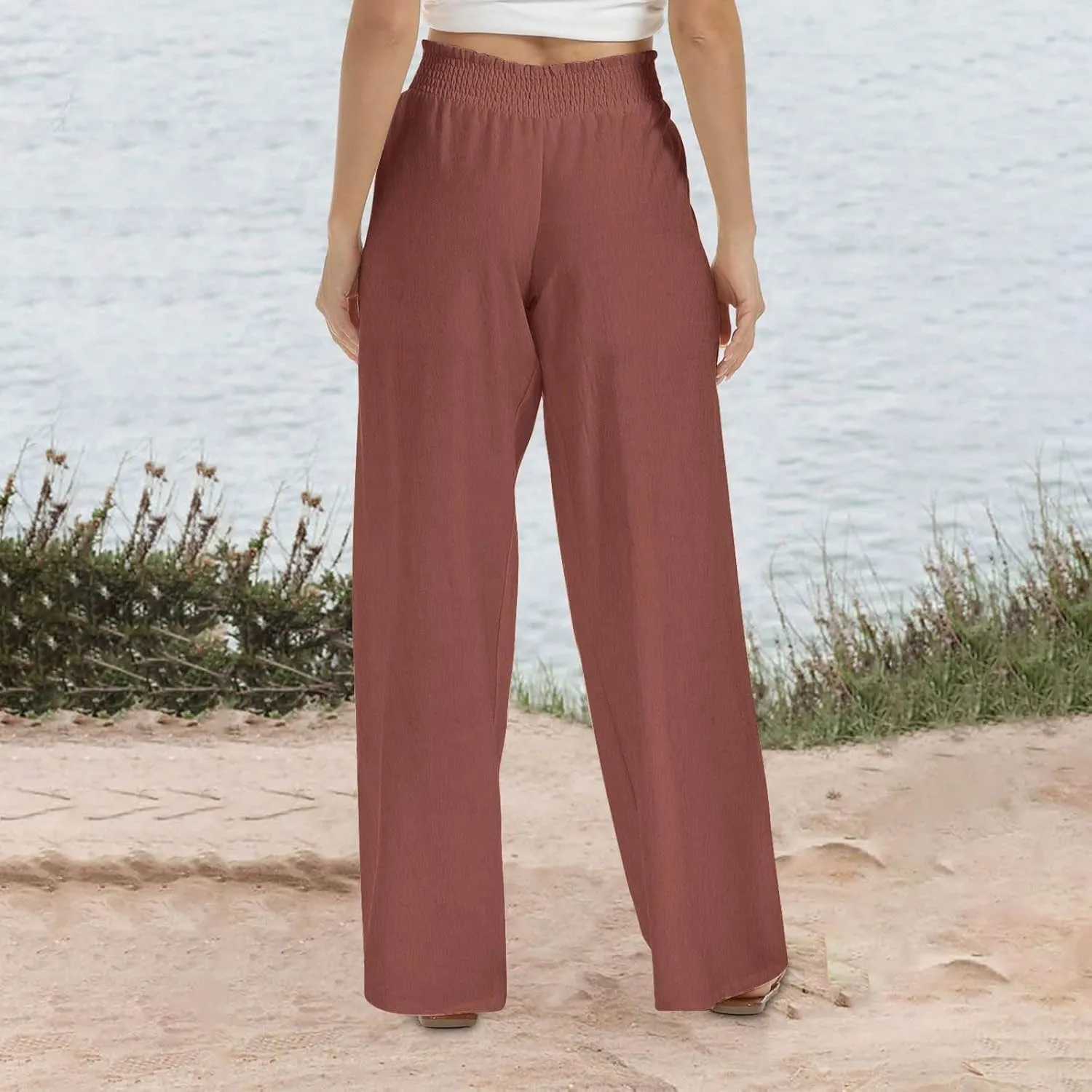 Women's Flowy Wide Leg Boho Yoga Pants, High Elastic Waist Baggy Solid Casual Trouser, Summer Fashion Work Pant
