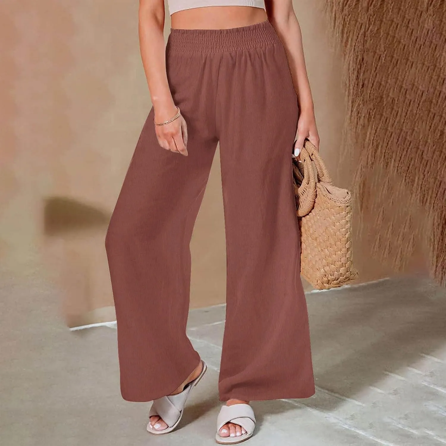 Women's Flowy Wide Leg Boho Yoga Pants, High Elastic Waist Baggy Solid Casual Trouser, Summer Fashion Work Pant