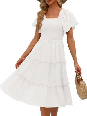 Women's Graduation Summer Smocked Flutter Sleeve Square Neck Modest Tiered Midi Dress