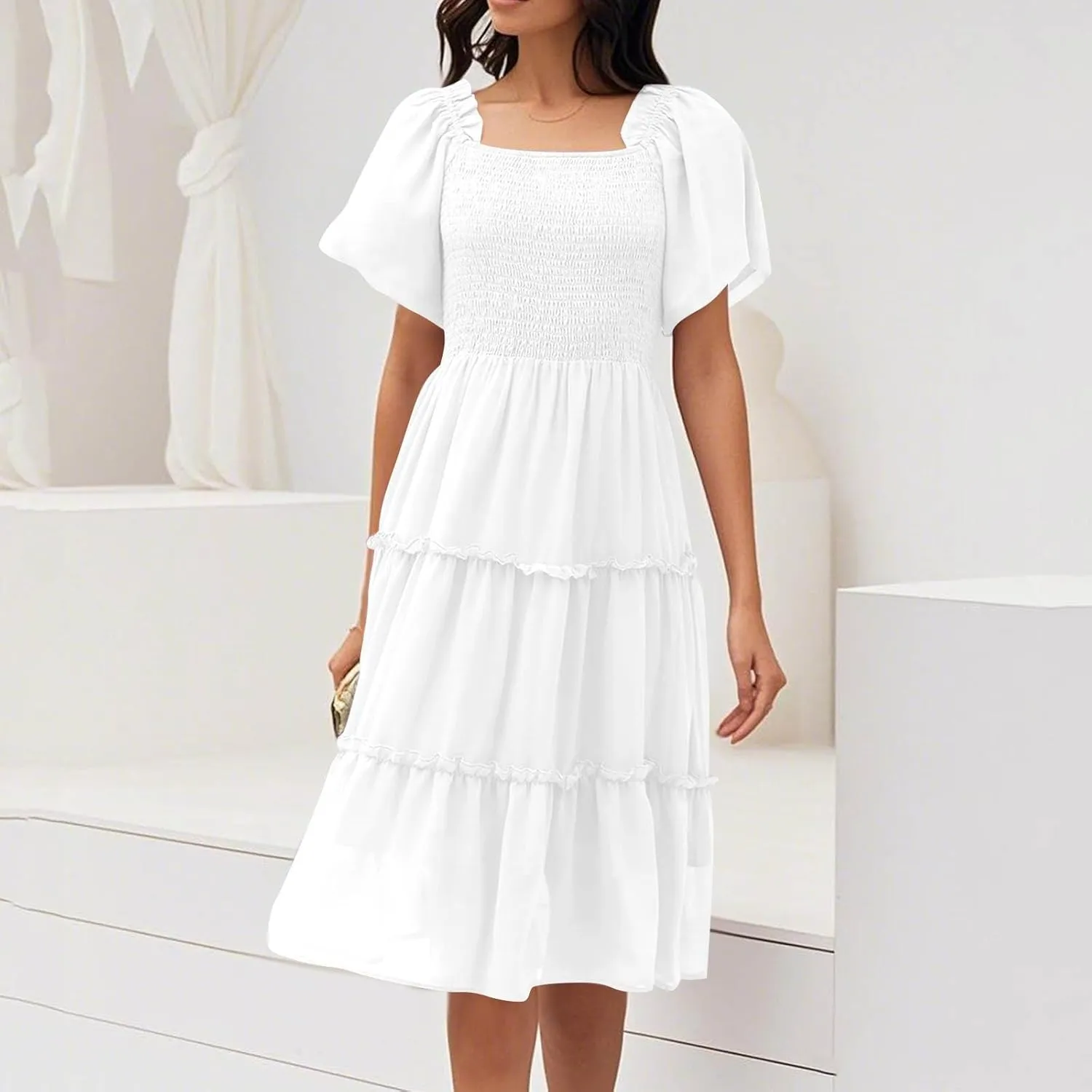 Women's Graduation Summer Smocked Flutter Sleeve Square Neck Modest Tiered Midi Dress