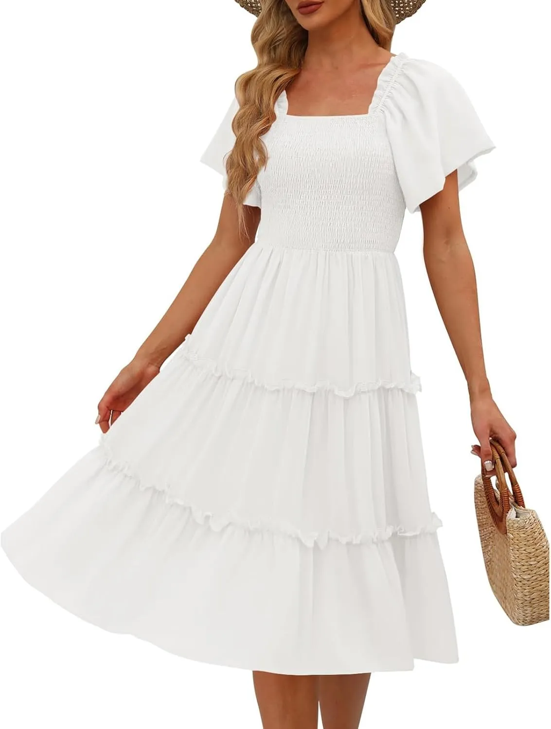 Women's Graduation Summer Smocked Flutter Sleeve Square Neck Modest Tiered Midi Dress