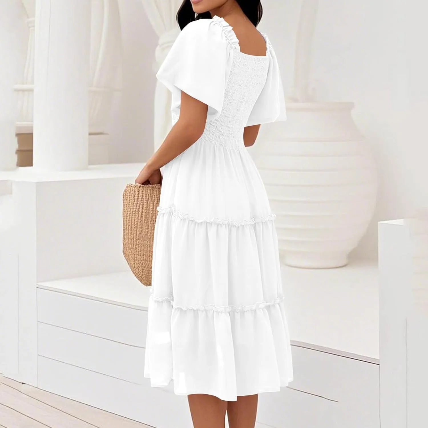 Women's Graduation Summer Smocked Flutter Sleeve Square Neck Modest Tiered Midi Dress