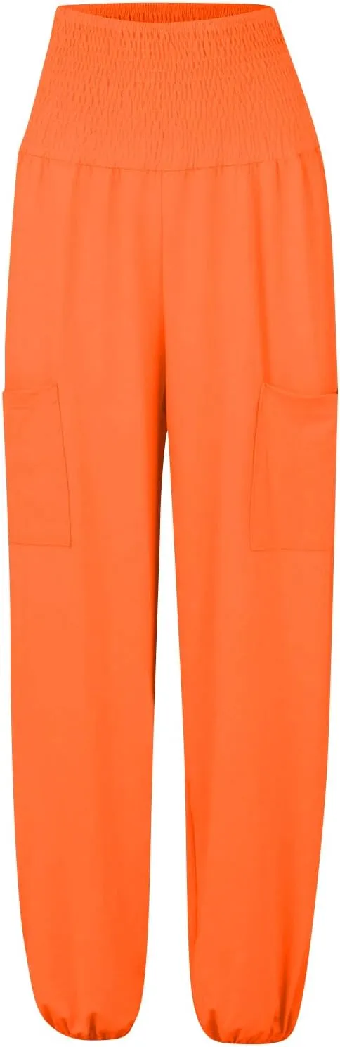 Womens Harem Pants Stretch Elastic High Waist Casual Pant Yoga Running Workout Solid Boho Trousers with Pockets