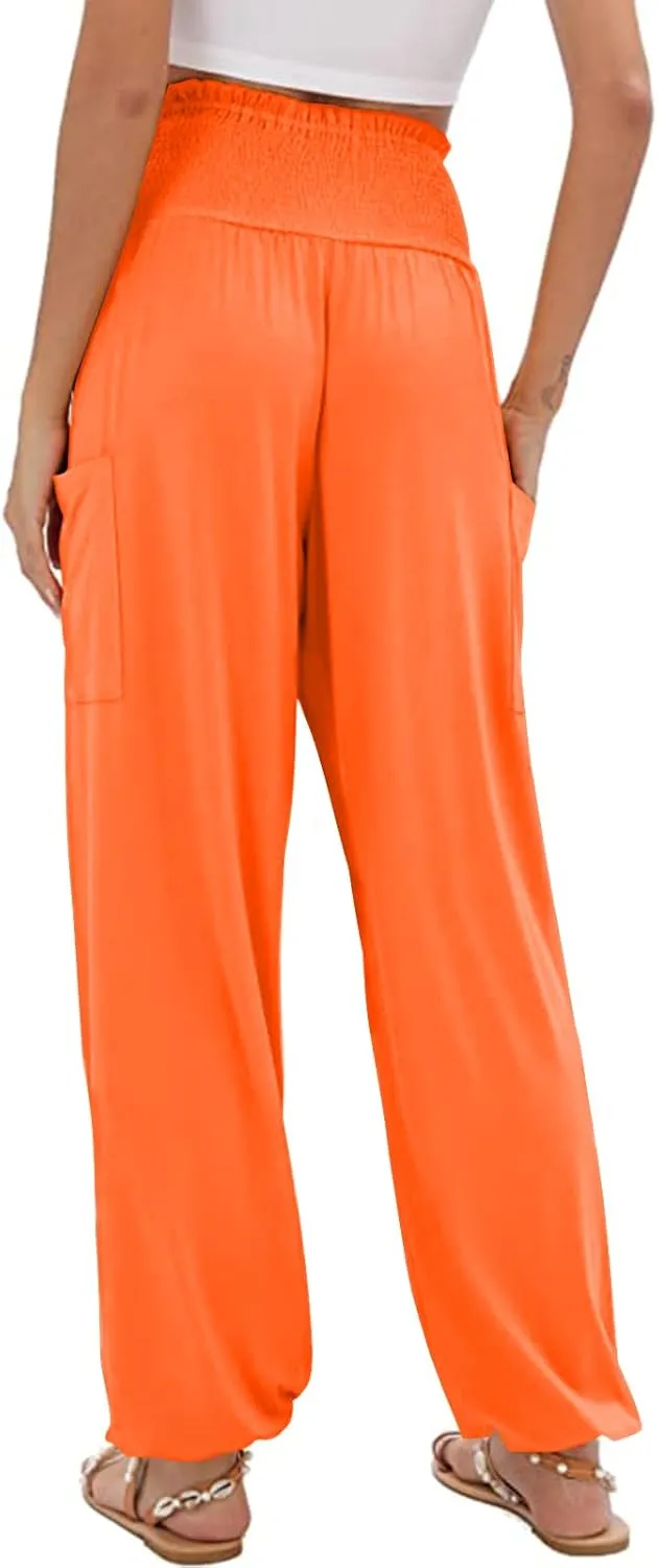 Womens Harem Pants Stretch Elastic High Waist Casual Pant Yoga Running Workout Solid Boho Trousers with Pockets