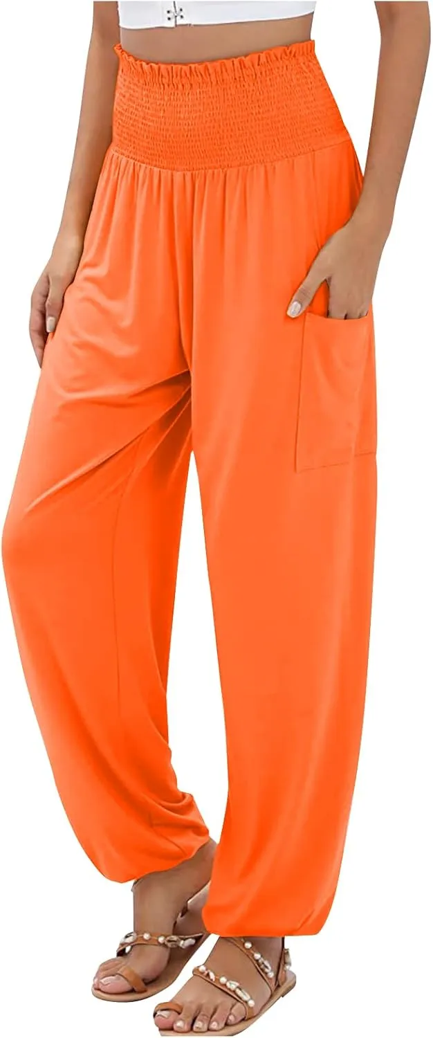 Womens Harem Pants Stretch Elastic High Waist Casual Pant Yoga Running Workout Solid Boho Trousers with Pockets