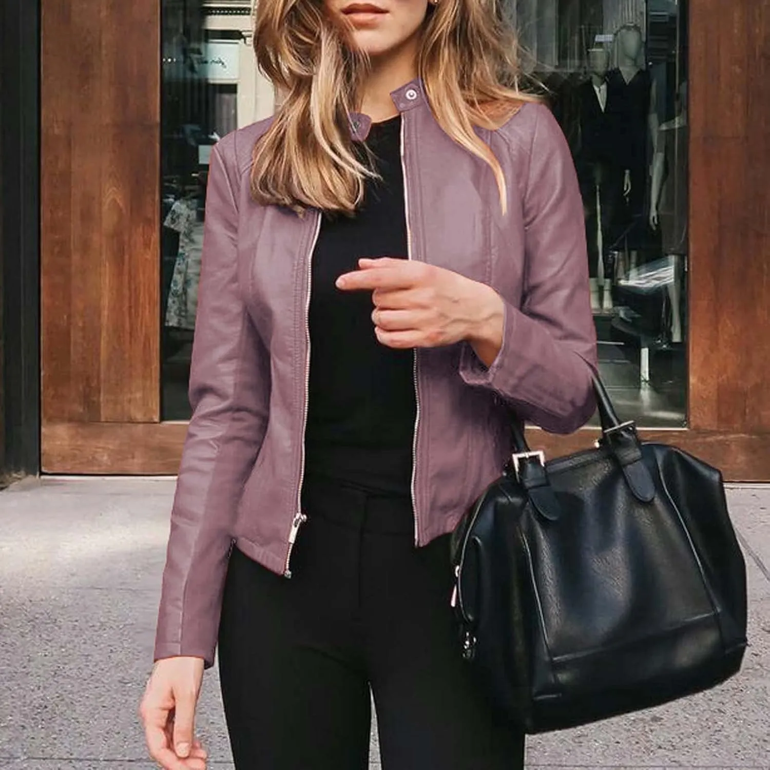 Women's Leather Jackets, Zip Motorcycle Quilted Lightweight Coat Vegan Pu Leather Fashion Outerwear Trench Coat