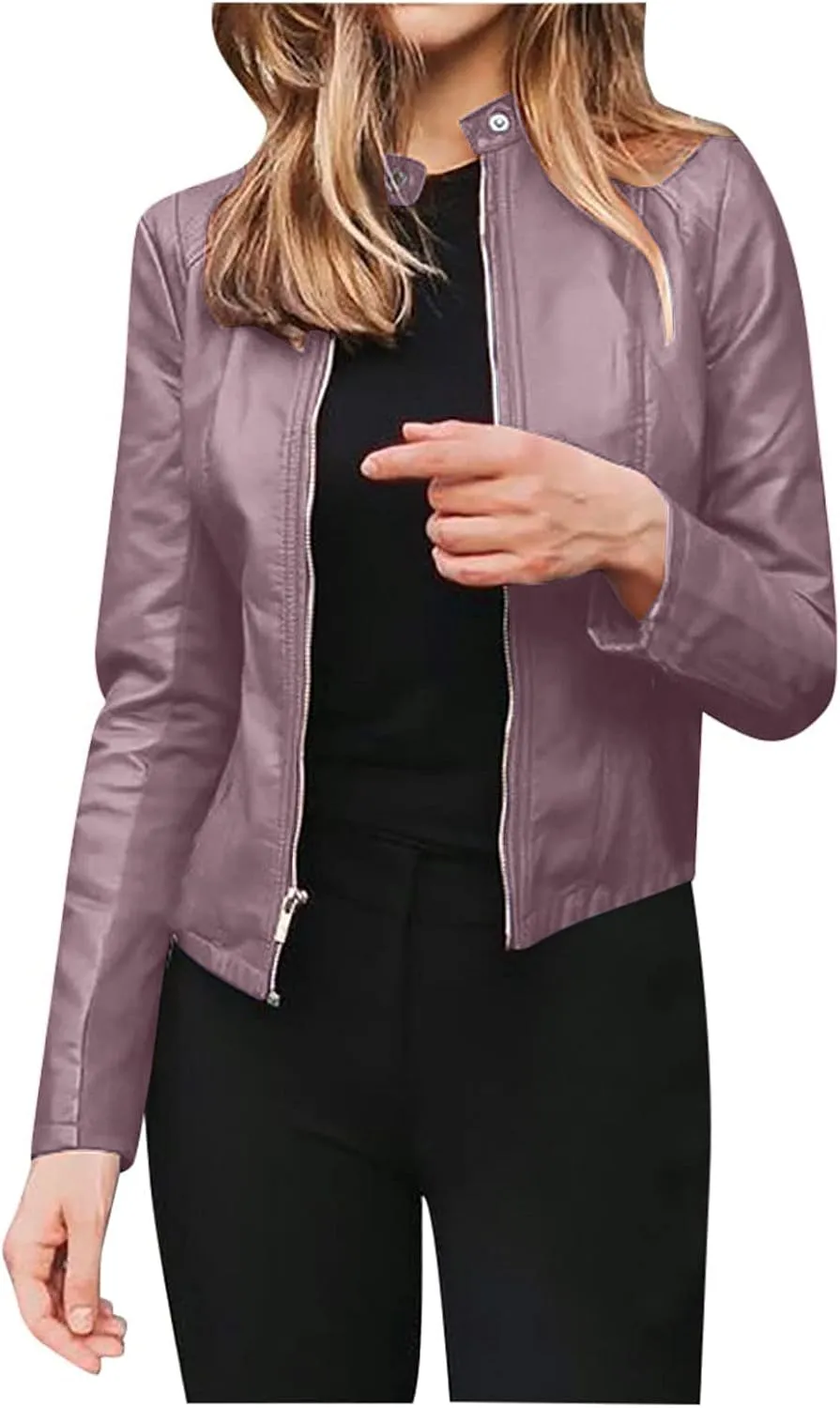 Women's Leather Jackets, Zip Motorcycle Quilted Lightweight Coat Vegan Pu Leather Fashion Outerwear Trench Coat