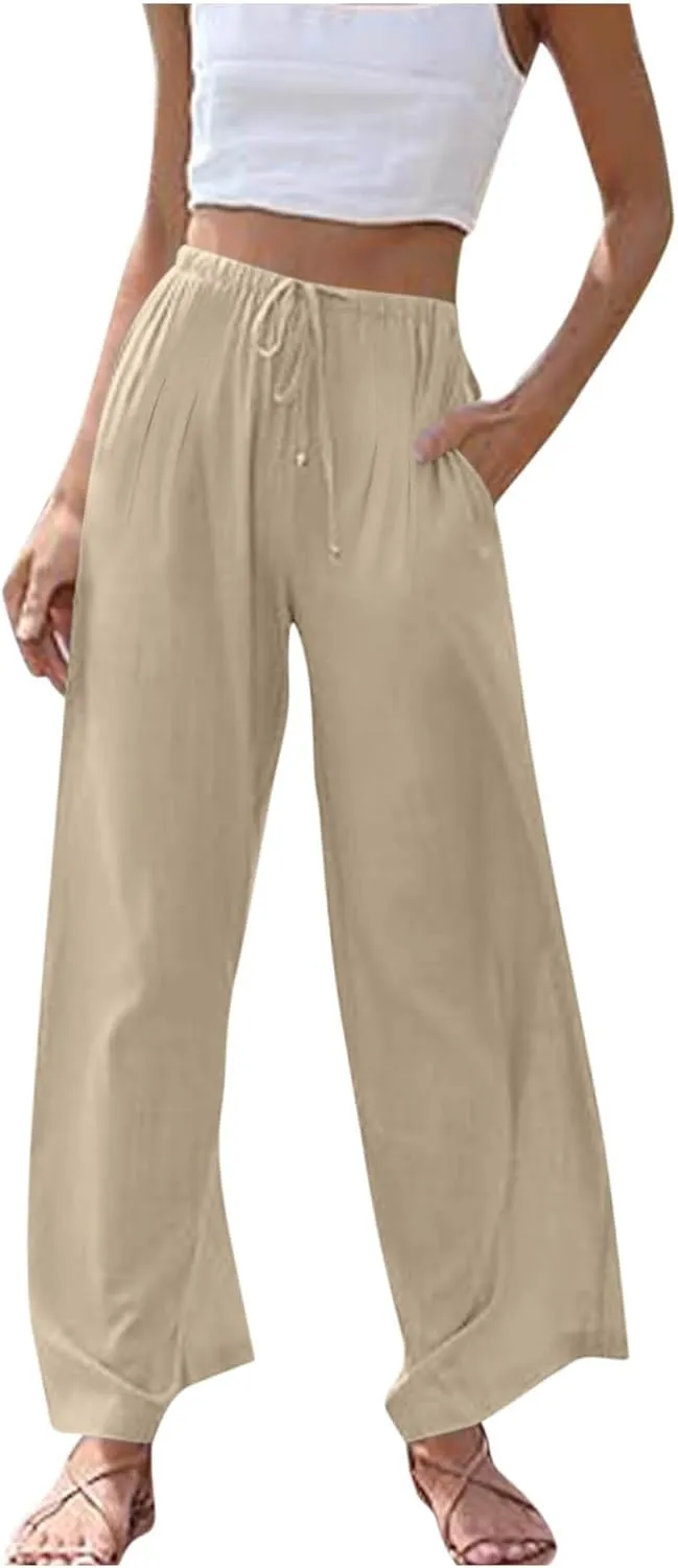 Womens Linen Wide Leg Pants Elastic High Waist Casual Pant Drawstring Loose Flowy Palazzo Trousers with Pockets