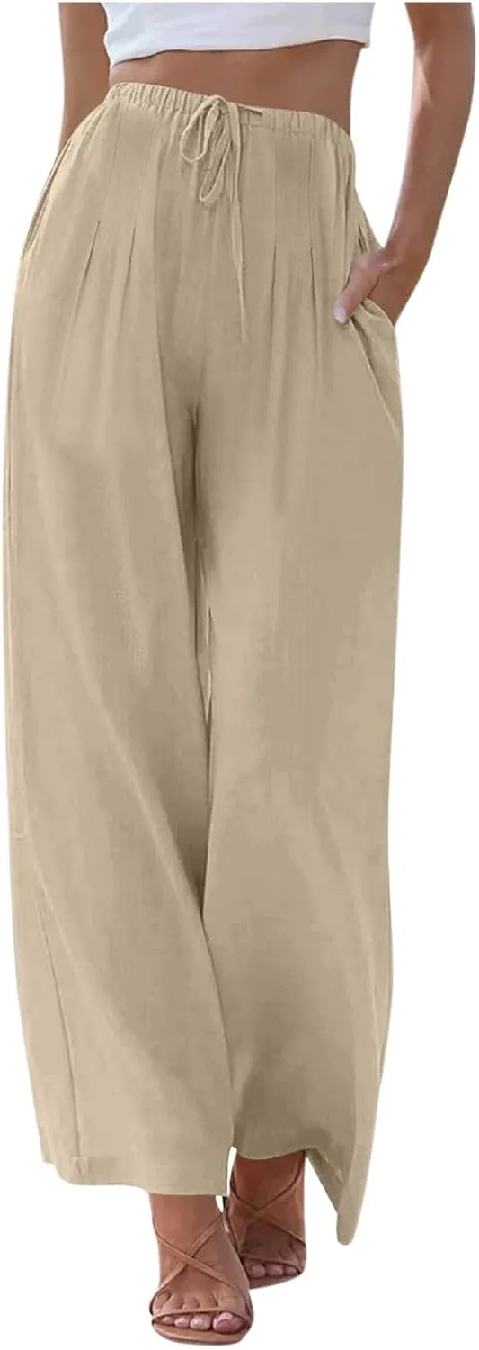 Womens Linen Wide Leg Pants Elastic High Waist Casual Pant Drawstring Loose Flowy Palazzo Trousers with Pockets