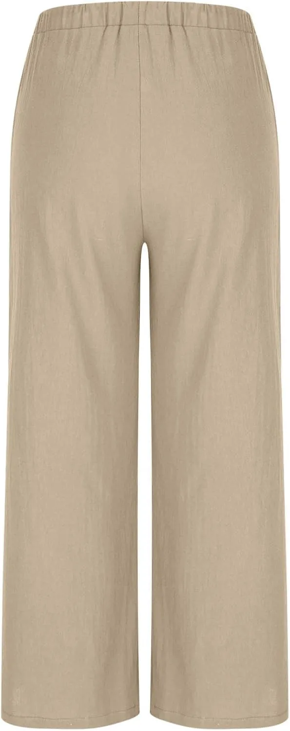 Womens Linen Wide Leg Pants Elastic High Waist Casual Pant Drawstring Loose Flowy Palazzo Trousers with Pockets
