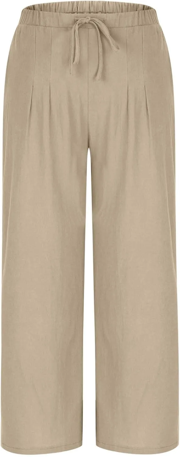 Womens Linen Wide Leg Pants Elastic High Waist Casual Pant Drawstring Loose Flowy Palazzo Trousers with Pockets