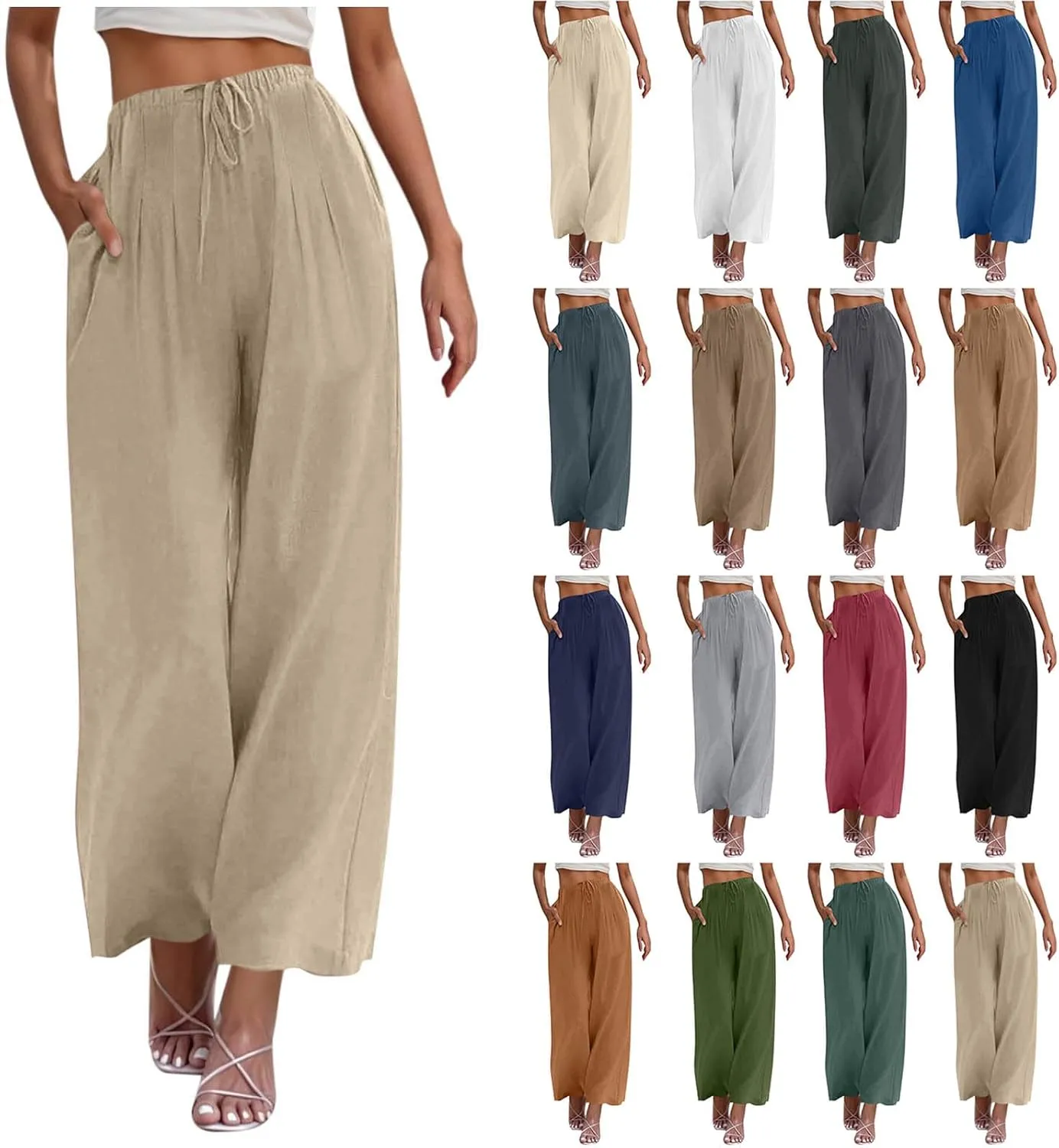 Womens Linen Wide Leg Pants Elastic High Waist Casual Pant Drawstring Loose Flowy Palazzo Trousers with Pockets