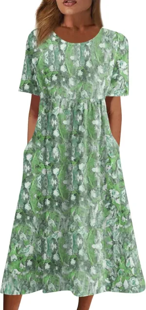 Women's Maxi Dresses 2025 Summer Casual Loose Trendy Short Sleeve Round Neck Solid Floral Printed Maxi Dress, S-3XL