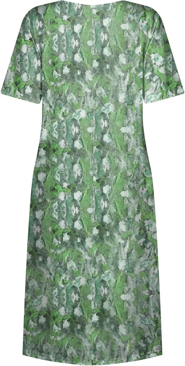 Women's Maxi Dresses 2025 Summer Casual Loose Trendy Short Sleeve Round Neck Solid Floral Printed Maxi Dress, S-3XL