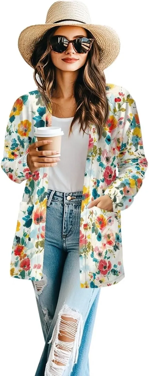 Womens Open Front Cardigan Casual Long Cardigans Long Sleeve Lightweight Jacket Tops Fall Outfit with Pockets