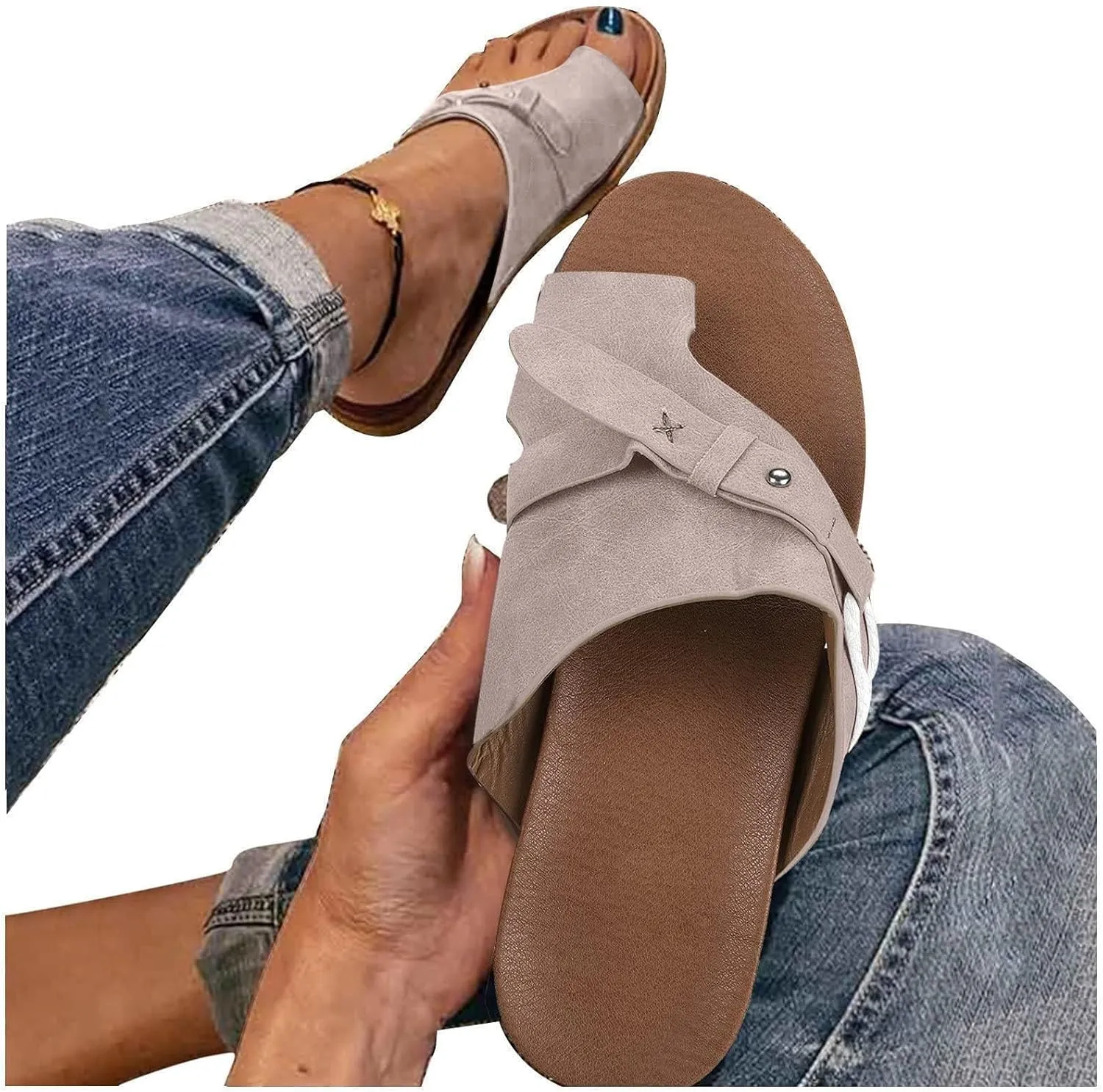Womens Orthopedic Sandals Summer Comfy Big Toe Correction Sandal Walking Bunion Flip Flops Lightweight Breathable Leather Workout Slippers Platform Flat Sole Beach Shoes