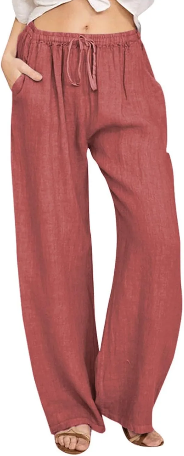 Women's Pants Casual Elastic Waist Drawstring Sumemr Pants Straight Wide Leg High Waisted with Pockets Baggy Trousers