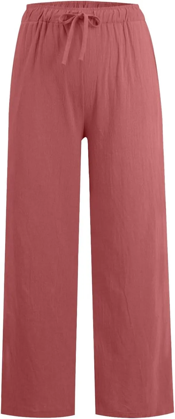 Women's Pants Casual Elastic Waist Drawstring Sumemr Pants Straight Wide Leg High Waisted with Pockets Baggy Trousers