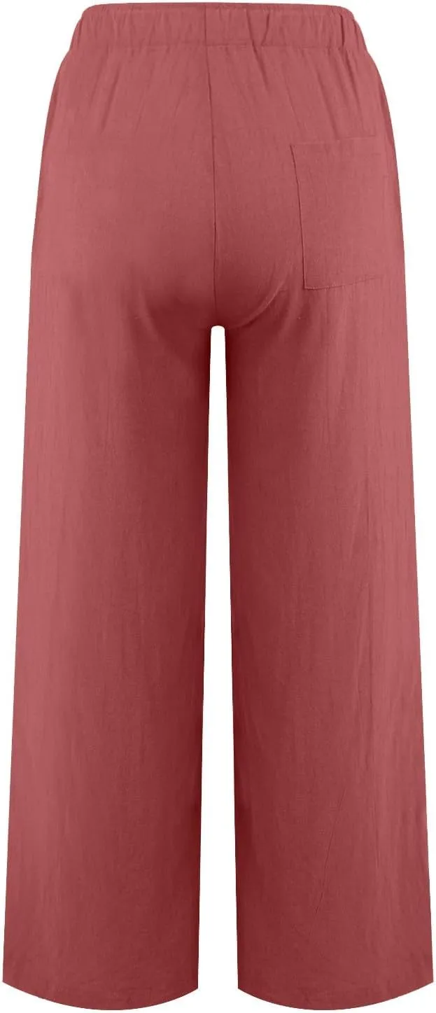 Women's Pants Casual Elastic Waist Drawstring Sumemr Pants Straight Wide Leg High Waisted with Pockets Baggy Trousers