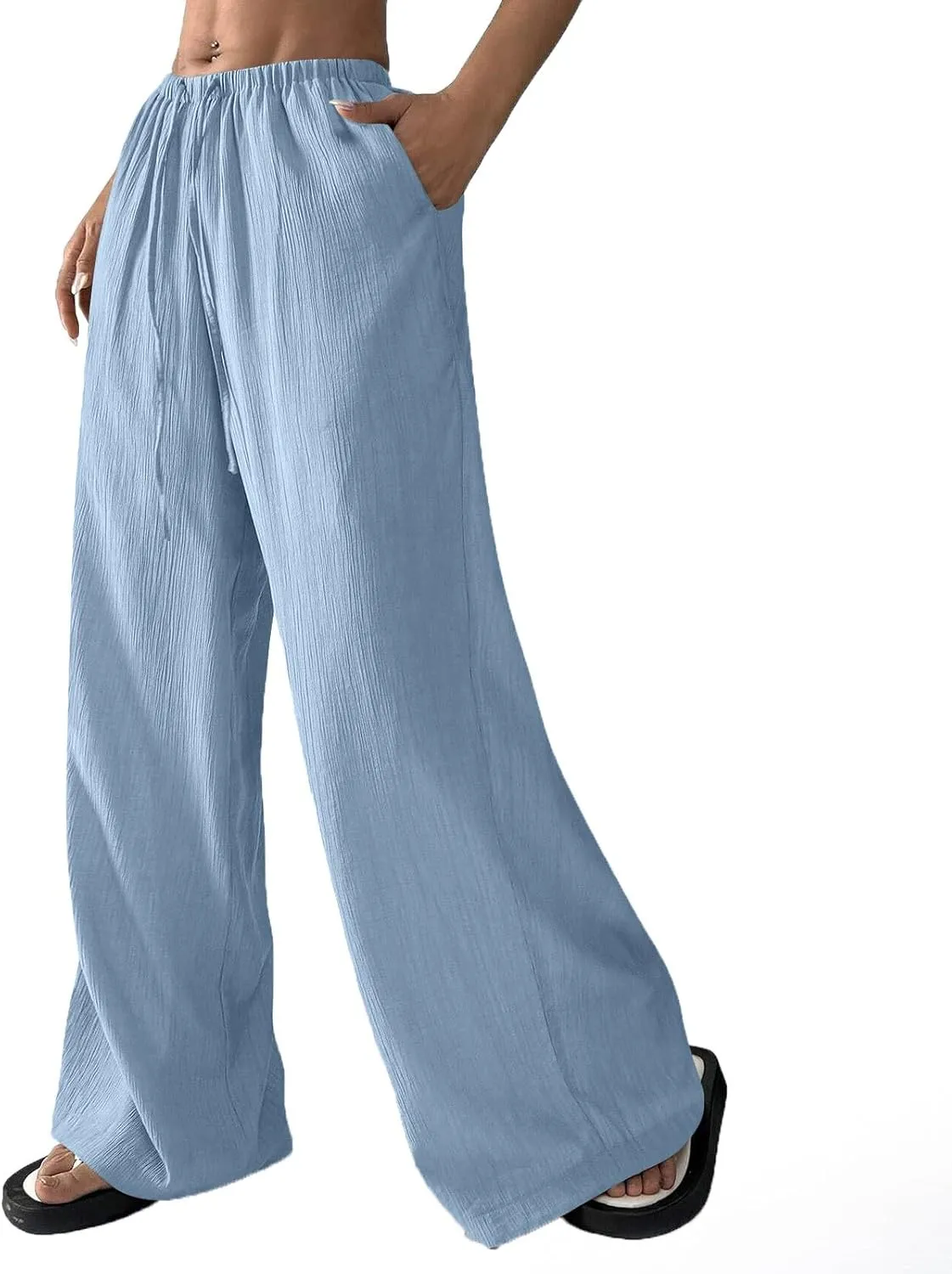 Women's Pants Elastic Waist Drawstring Sumemr Pants Straight Wide Leg High Waisted with Pockets Comfy Slacks Clothes