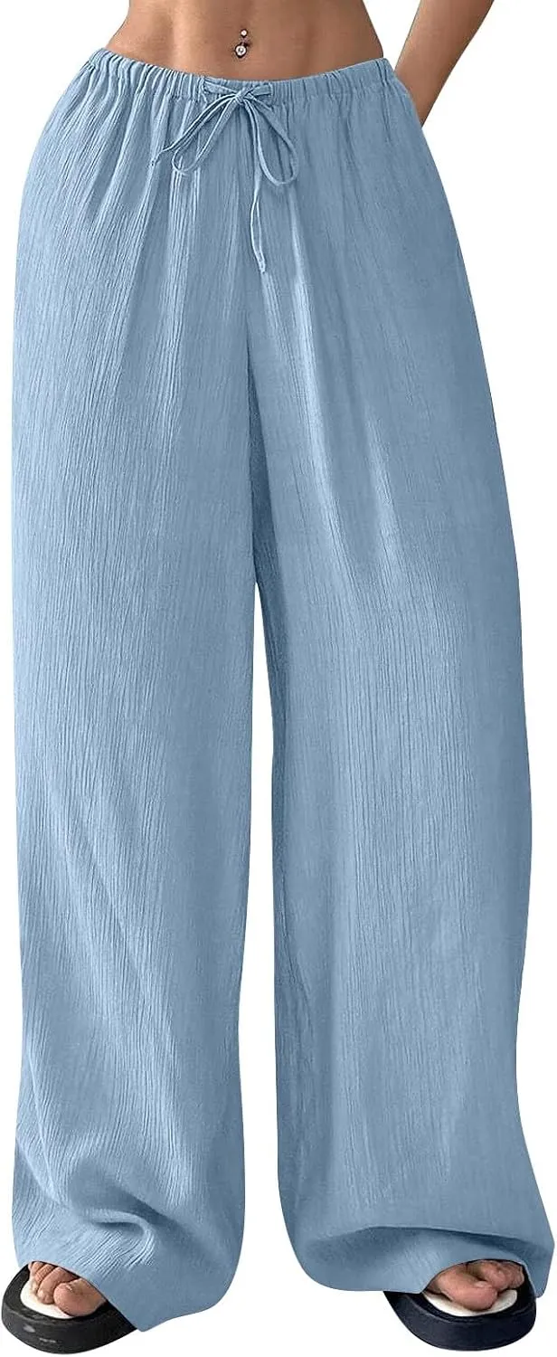 Women's Pants Elastic Waist Drawstring Sumemr Pants Straight Wide Leg High Waisted with Pockets Comfy Slacks Clothes