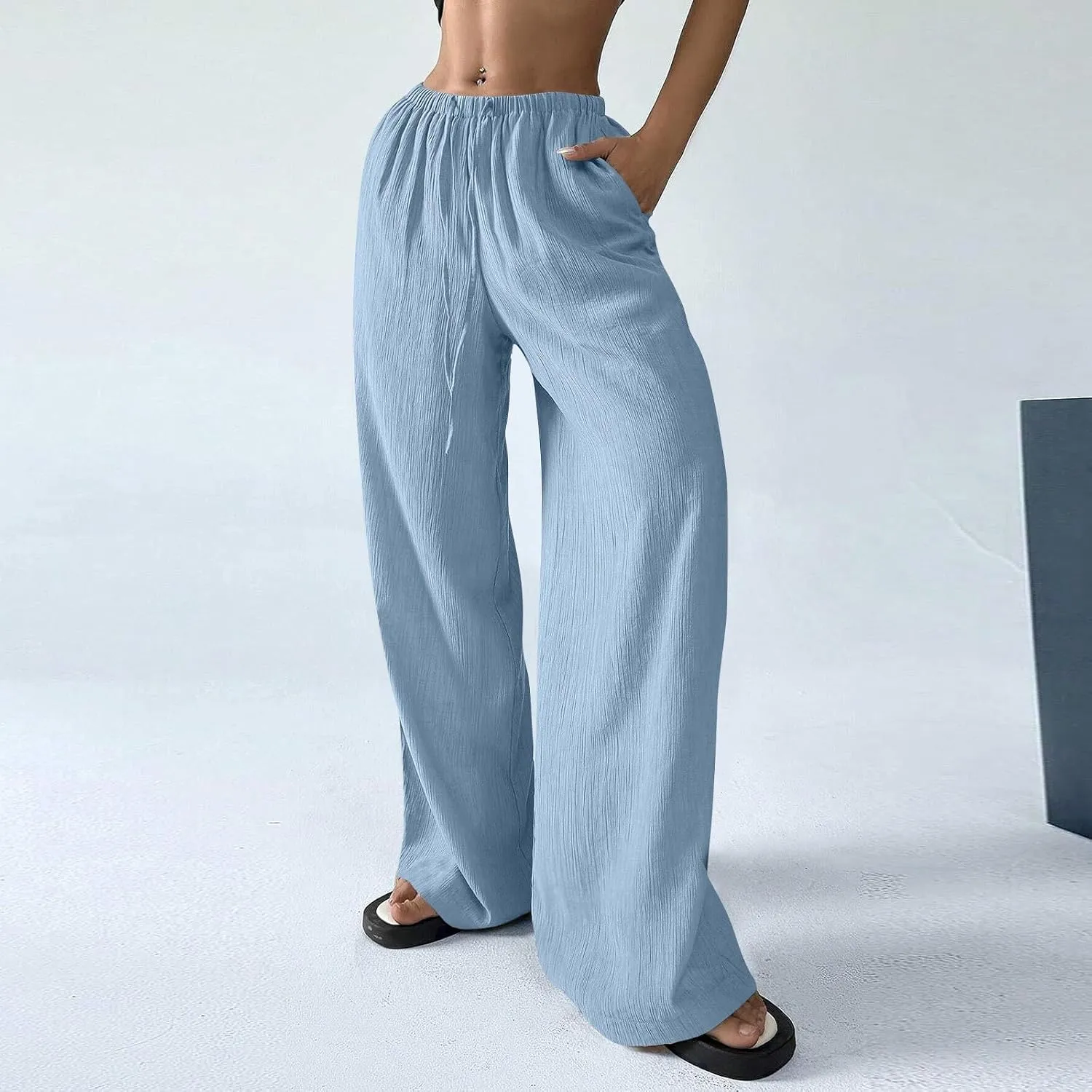Women's Pants Elastic Waist Drawstring Sumemr Pants Straight Wide Leg High Waisted with Pockets Comfy Slacks Clothes