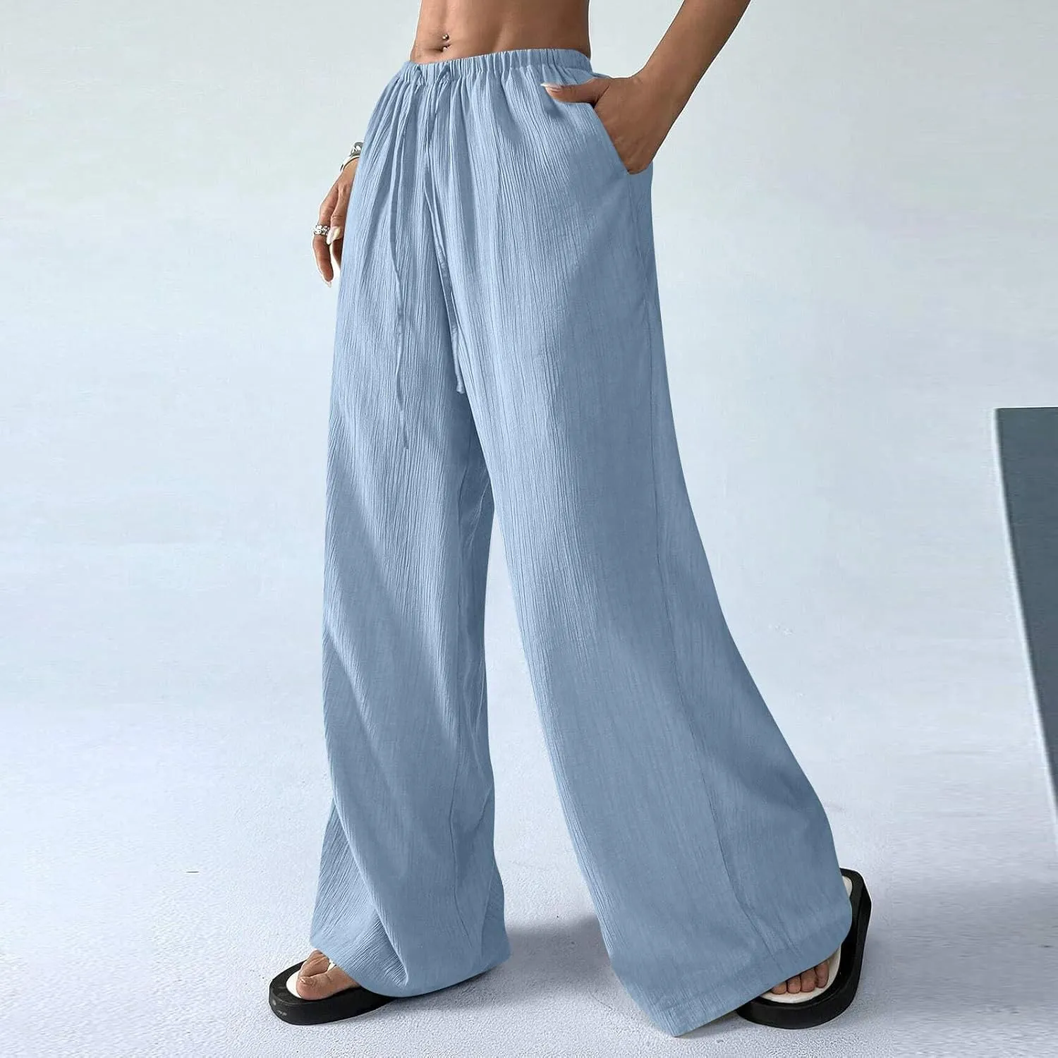 Women's Pants Elastic Waist Drawstring Sumemr Pants Straight Wide Leg High Waisted with Pockets Comfy Slacks Clothes
