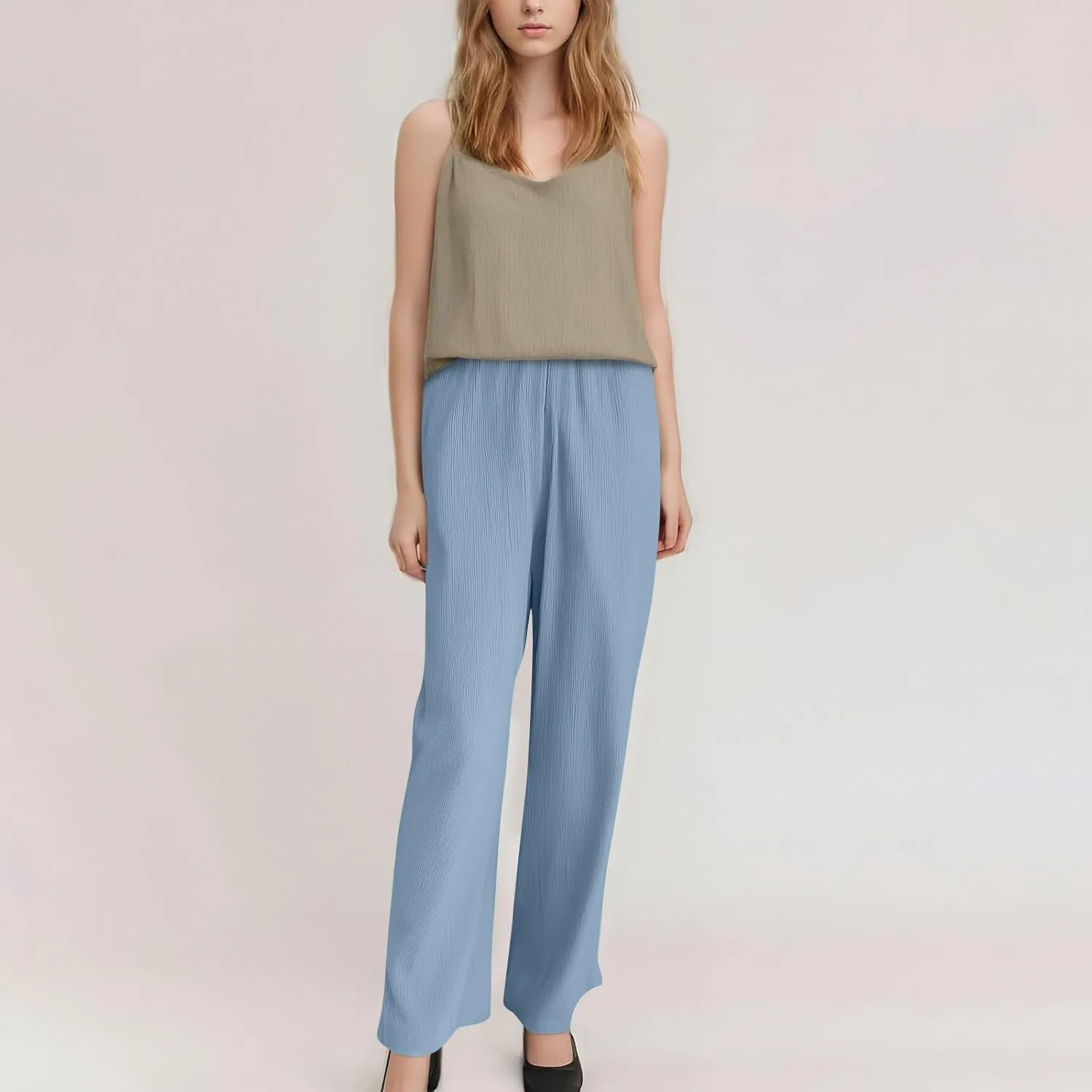 Women's Pants Elastic Waist Drawstring Sumemr Pants Straight Wide Leg High Waisted with Pockets Comfy Slacks Clothes