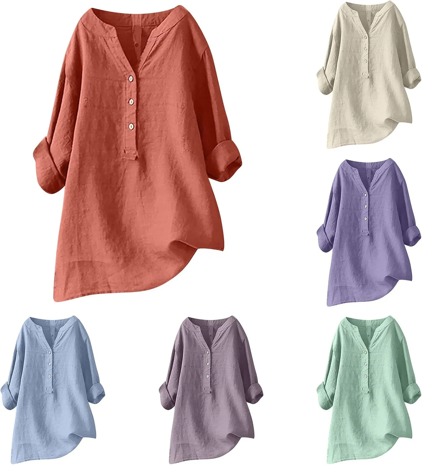 Women's Plus Size Cotton Linen Dress Tops Button Up Shirts Dress Casual Fall Blouse to Wear with Leggings