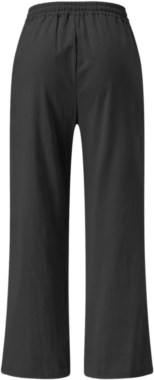 Womens Plus Size Linen Pants Wide Leg Palazzo Pant Drawstring High Elastic Waist Flowy Culottes Trousers with Pockets
