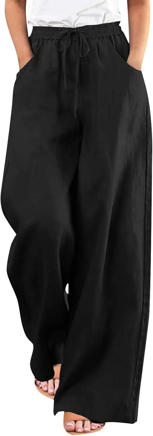 Womens Plus Size Linen Pants Wide Leg Palazzo Pant Drawstring High Elastic Waist Flowy Culottes Trousers with Pockets