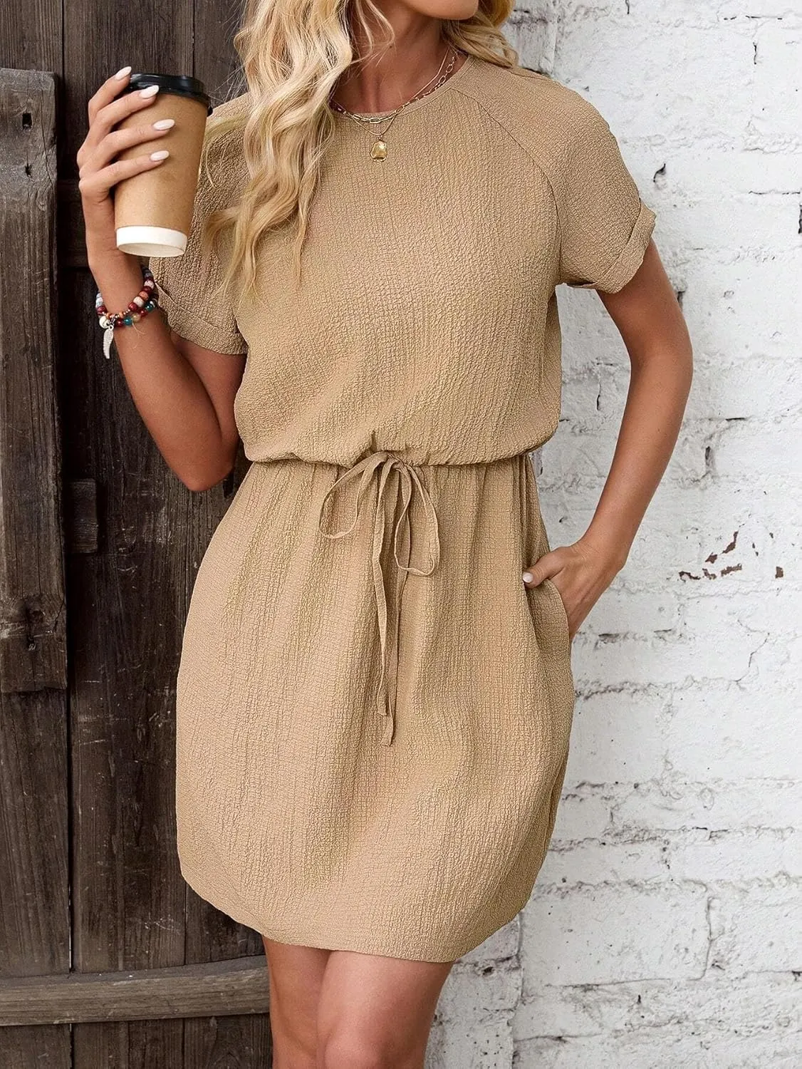 Women's Round Neck Raglan Short Sleeve Shift Dress Fashion Tee Dresses for Women
