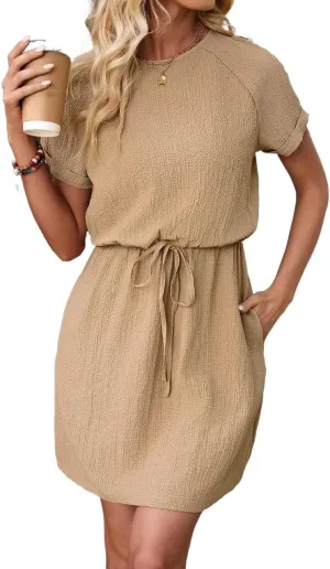 Women's Round Neck Raglan Short Sleeve Shift Dress Fashion Tee Dresses for Women