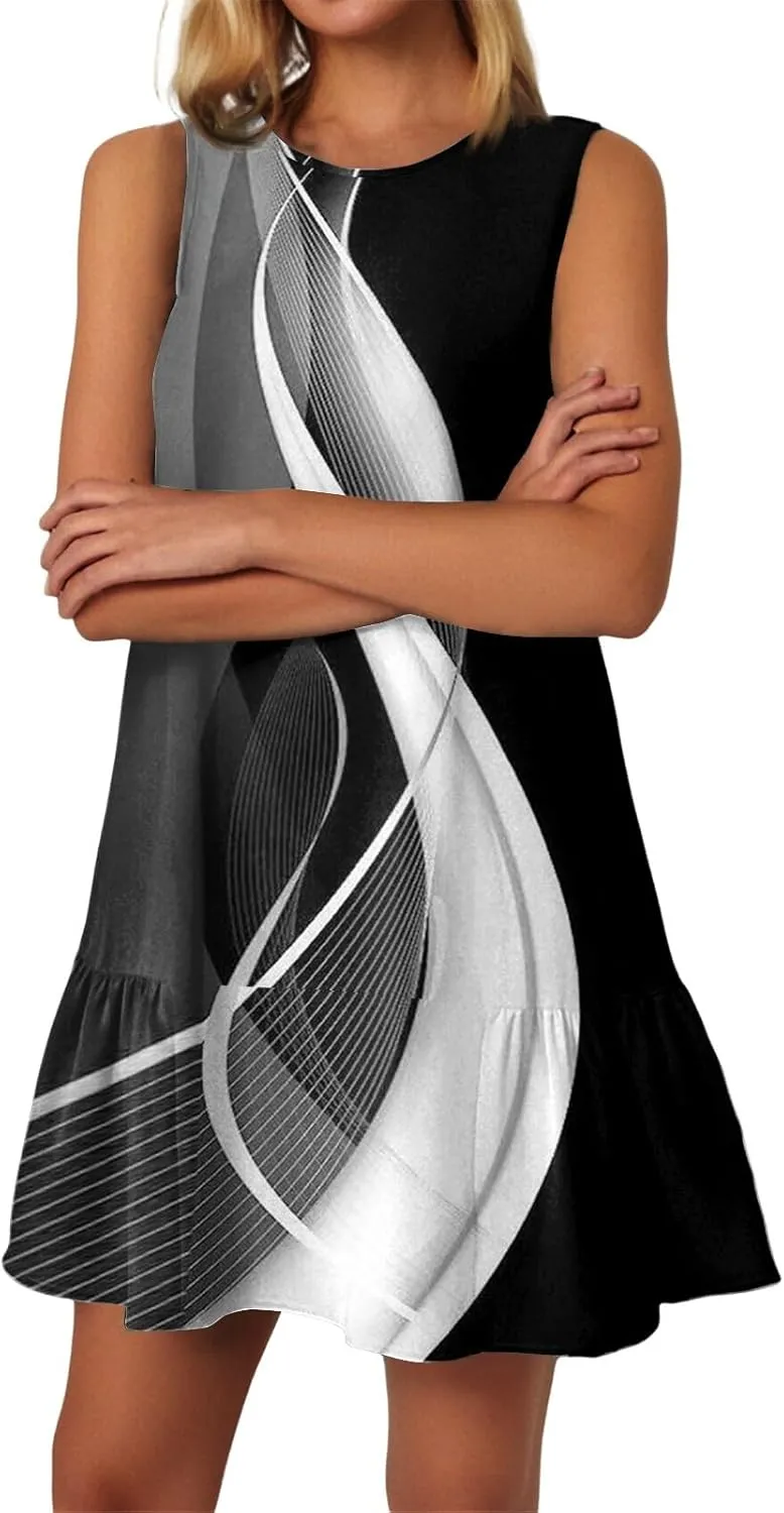 Women's Ruffle Hem Tank Dress Sleeveless Dress for Women Round Neck Casual Smock Summer Mini Dresses