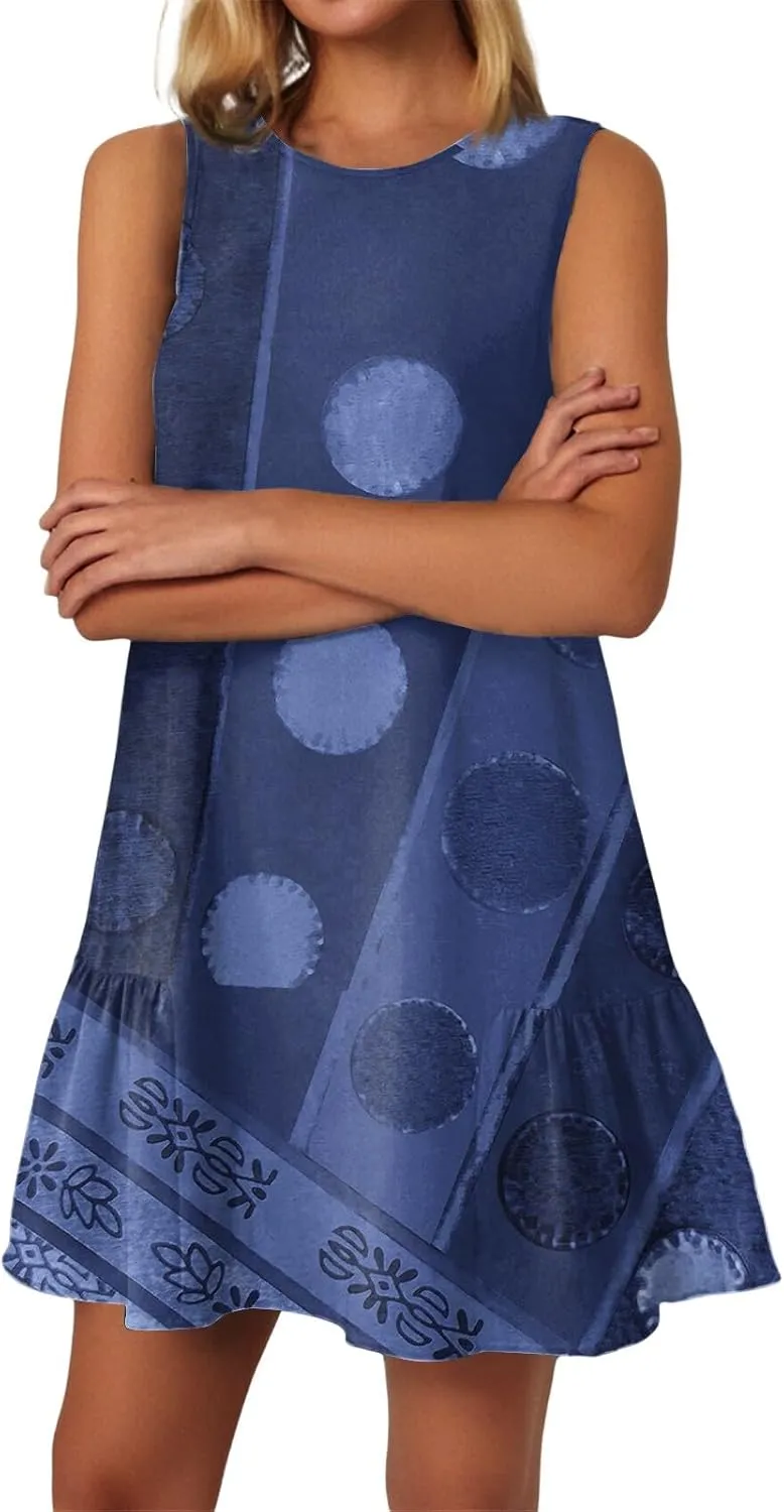 Women's Ruffle Hem Tank Dress Sleeveless Dress for Women Round Neck Casual Smock Summer Mini Dresses